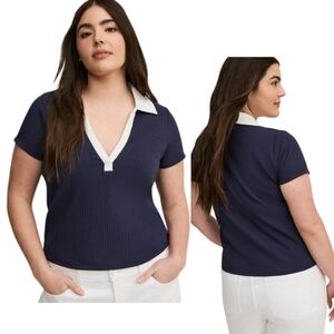 Torrid V-Neck Ribbed Polo Size 2X Navy Blue White Crop Shirt Preppy Coastal